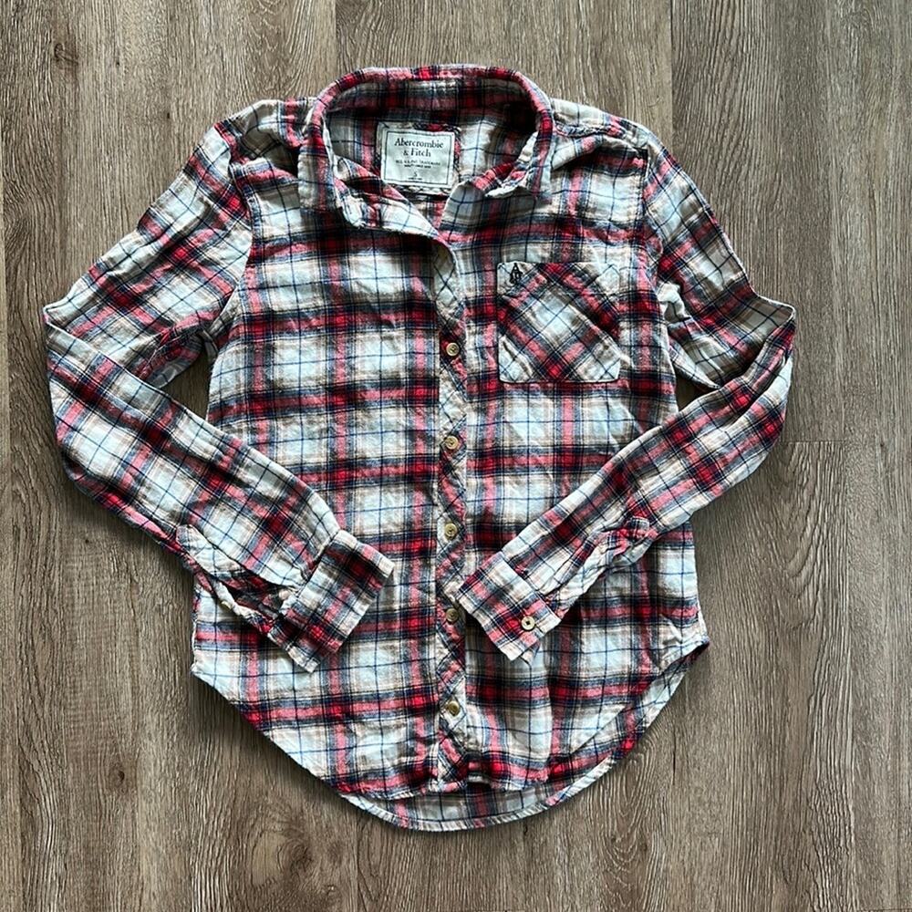 Abercrombie & Fitch Plaid Flannel Button Front Shirt Red & Cream Small‎